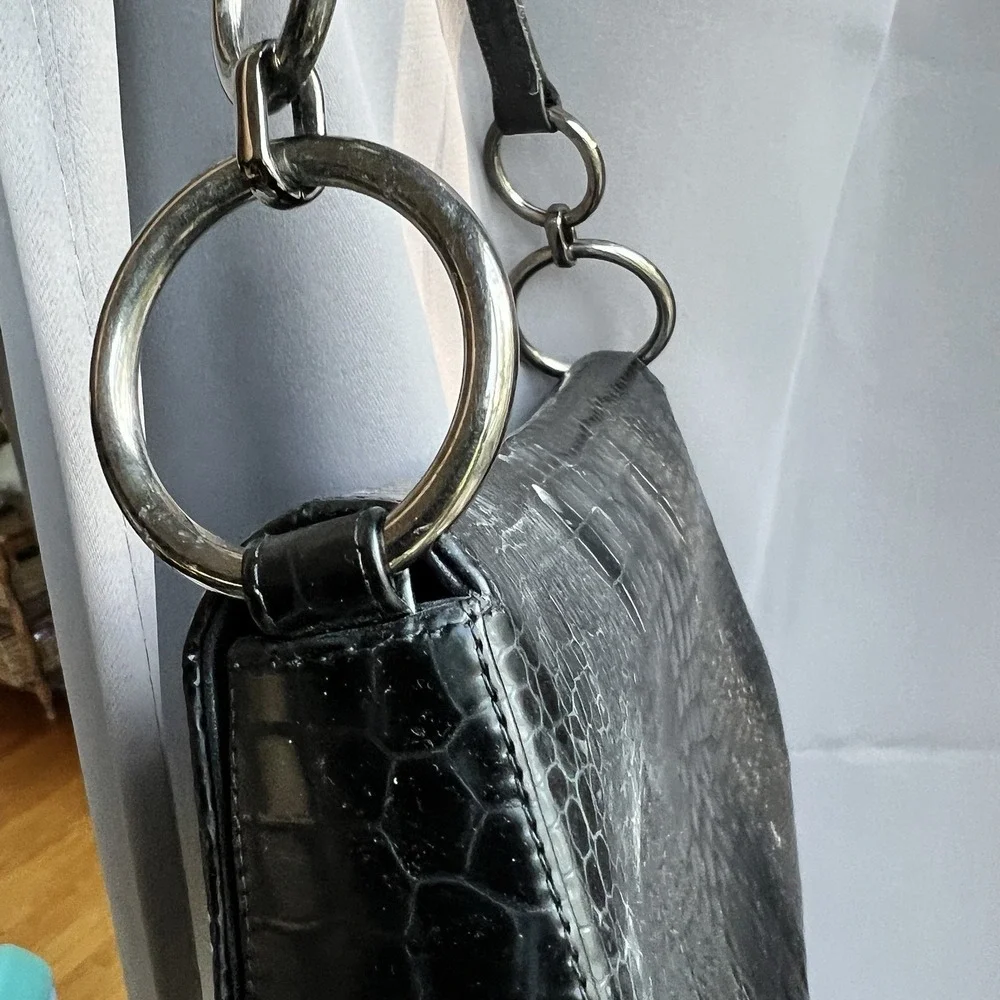 Stuart Weitzman Alligator Embossed Leather‎ Frame  Handbag Black Silver 90s Y2k